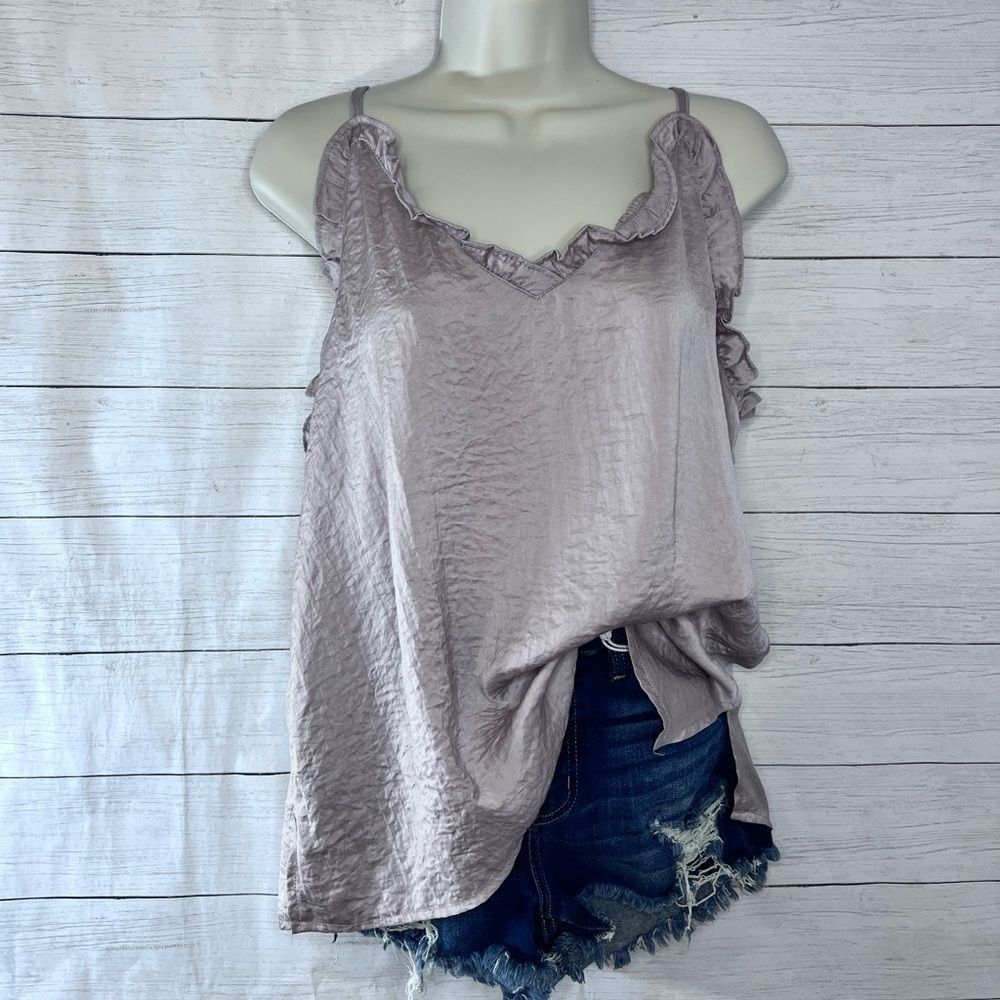 Crinkle Silky Ruffle V Neck Side Slit Cami Spaghetti Strap Blouse 💗